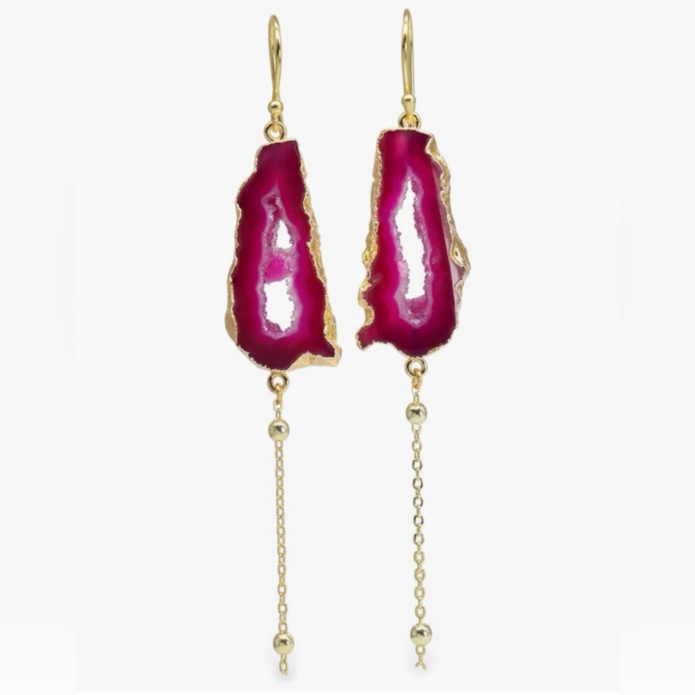 NWT Pink Agate Geode Druzy Dangle Earrings – Gold Tone Boho Statement Jewelry!